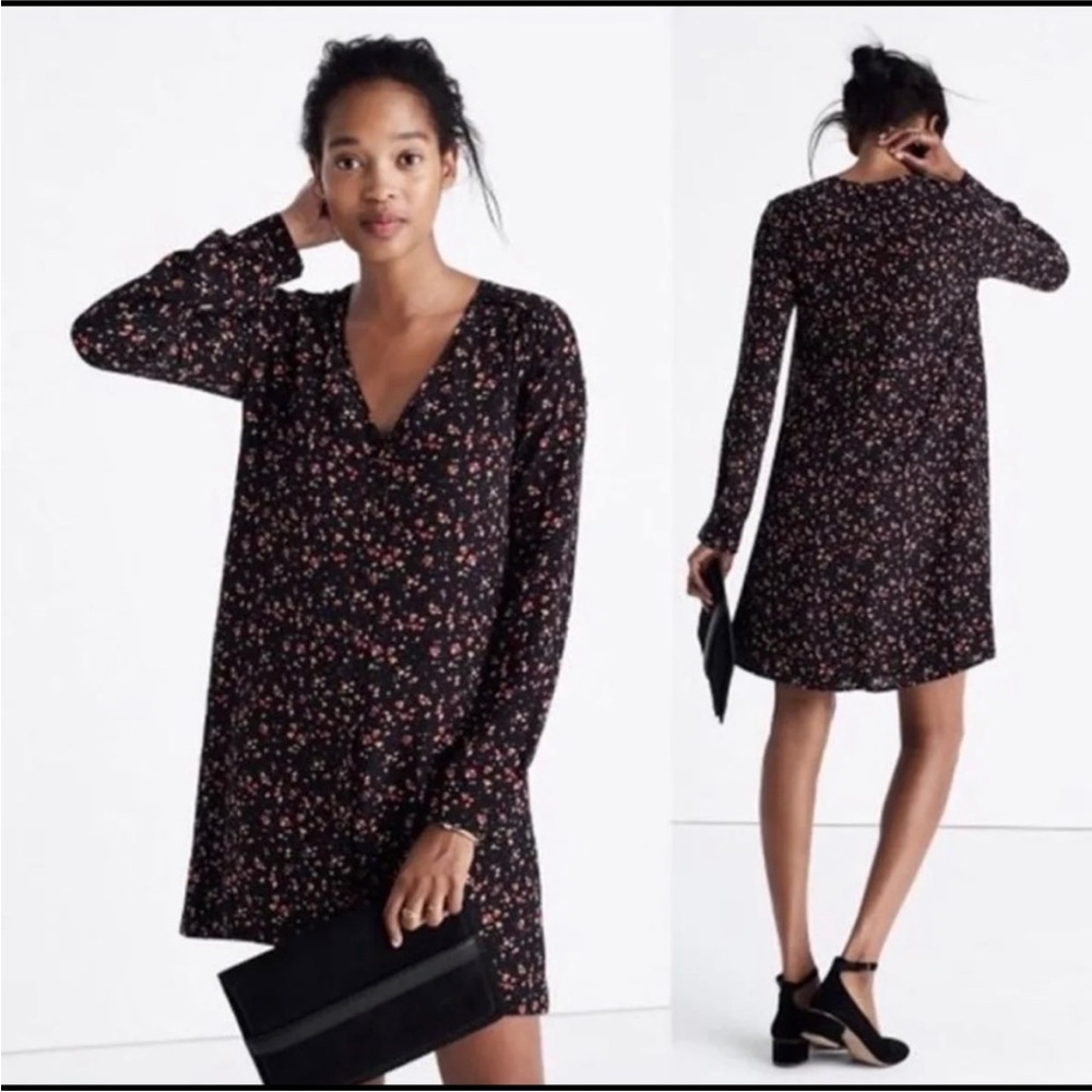 Madewell Sezane Black Floral Long Sleeve Silk Dress Button Up French XS